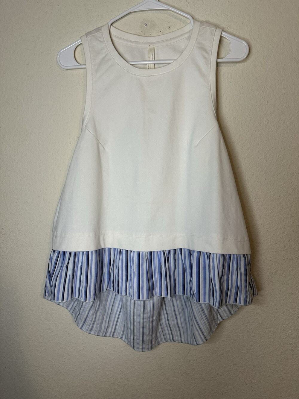 EUC Women’s Anthropologie Sleeveless Top Open-Back Blue White Striped Ruffle M
